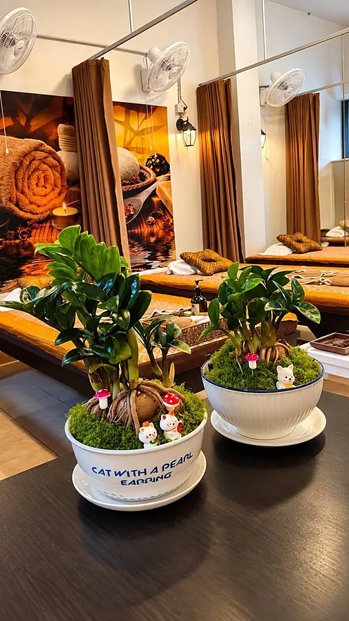 Potted plants and fresh flowers on the reception table